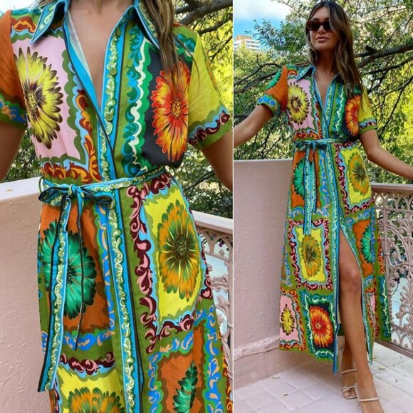 Alemais Disco Daisy Green Yellow Floral Belted Maxi Shirtdress Size AU 8 US 4 - Picture 3 of 16